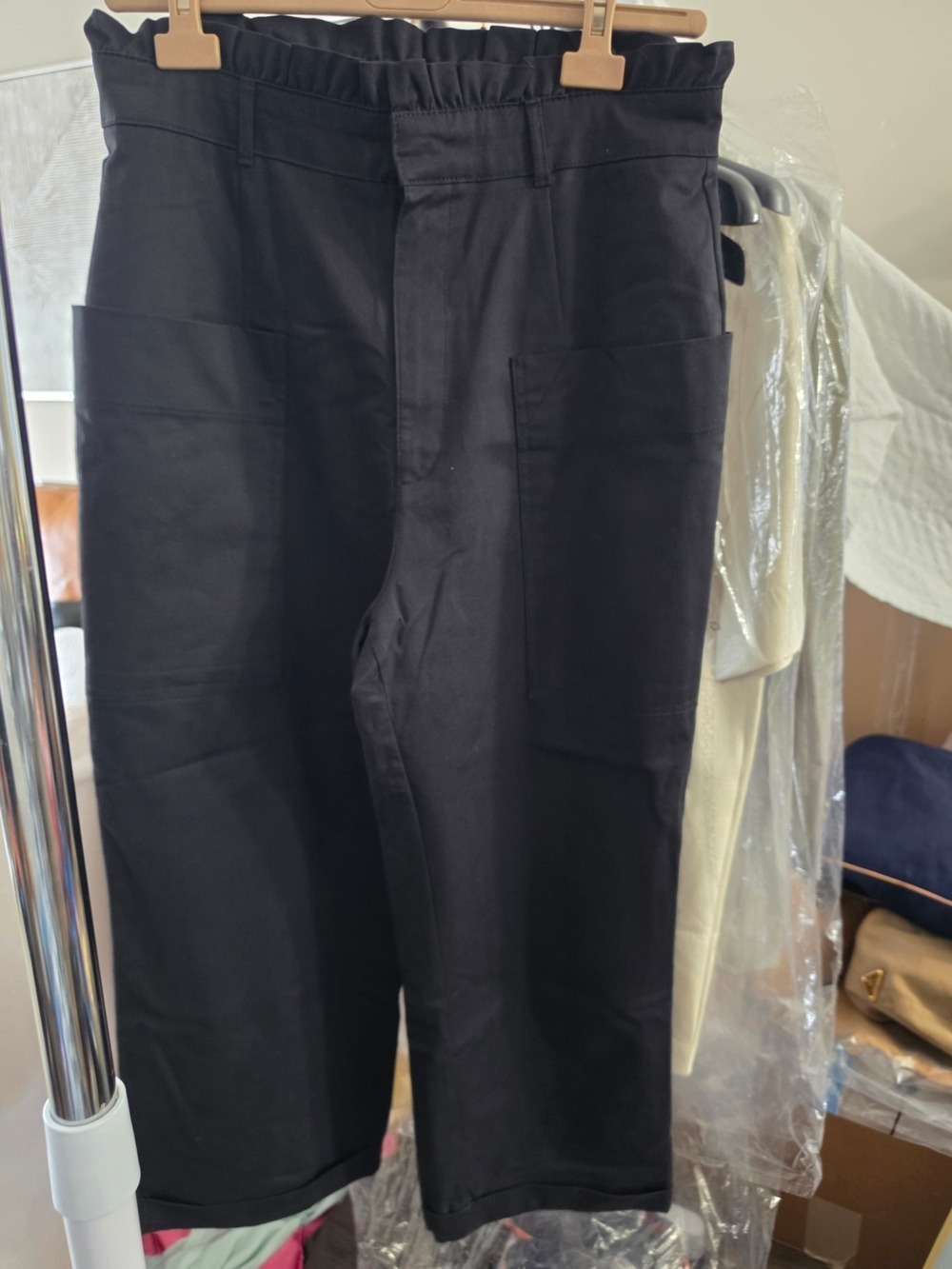 Zara Cotton Paperbag Black Elastic-Waist Utility Pants Size LARGE
